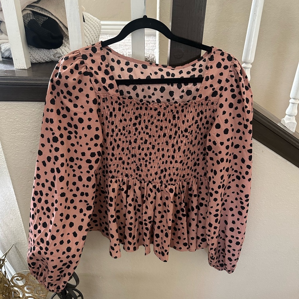Polka Dot Smocked Blouse by SHEIN - Pink